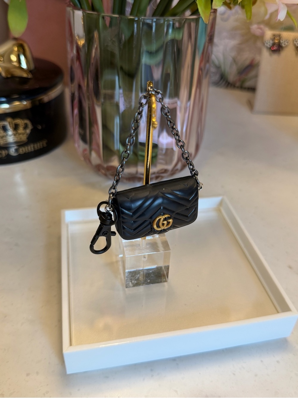 Black Quilted Mini Chain Bag Key Charm with Gold Hardware